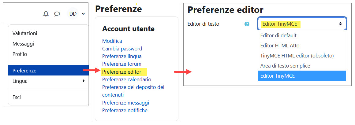 è possibile modificare l'editor dalla voce Preferenze